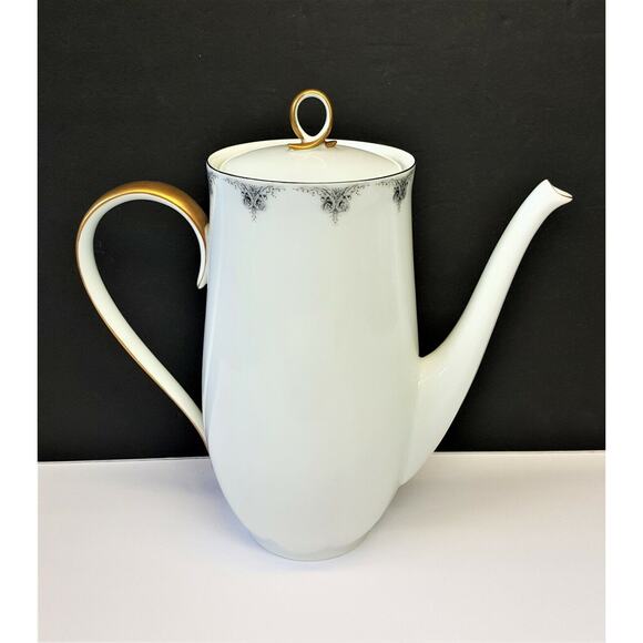 Block China Coffee Pot w/ Lid Chambord Limoges 7-1/2"h Gray/Black on White - Picture 3 of 7